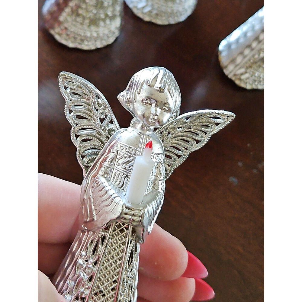 4 Vintage MCM Angel Christmas Ornament Silver Filigree Holding Candle 60s